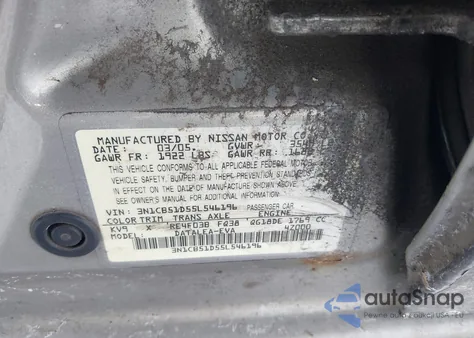 2005 Nissan Sentra 1.8S from USA, damaged, VIN 3N1CB51D55L546196